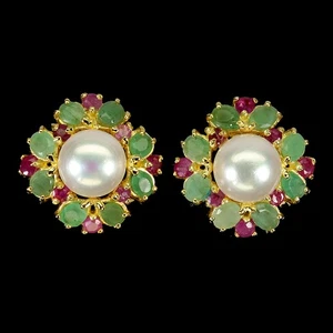925 Sterling Silver Earrings Oval Emerald 4x3mm Pearl Ruby Gemstone Jewelry - Picture 1 of 13