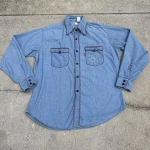 Vintage Levis Chambray Hemd Orange Tab Größe Large Hergestellt in den USA Bestickt Jet AF - Bild 1 von 20
