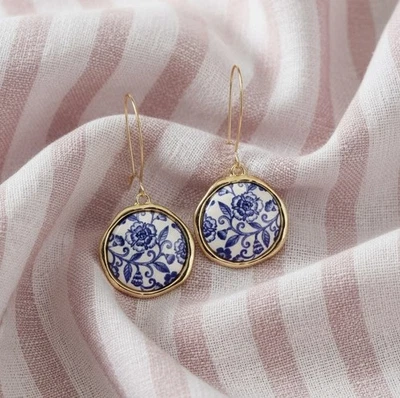 Anthropologie Flower Earrings Porcelain Ceramic Blue Gold Hoop 18k Tile Boho - Image 1 of 4