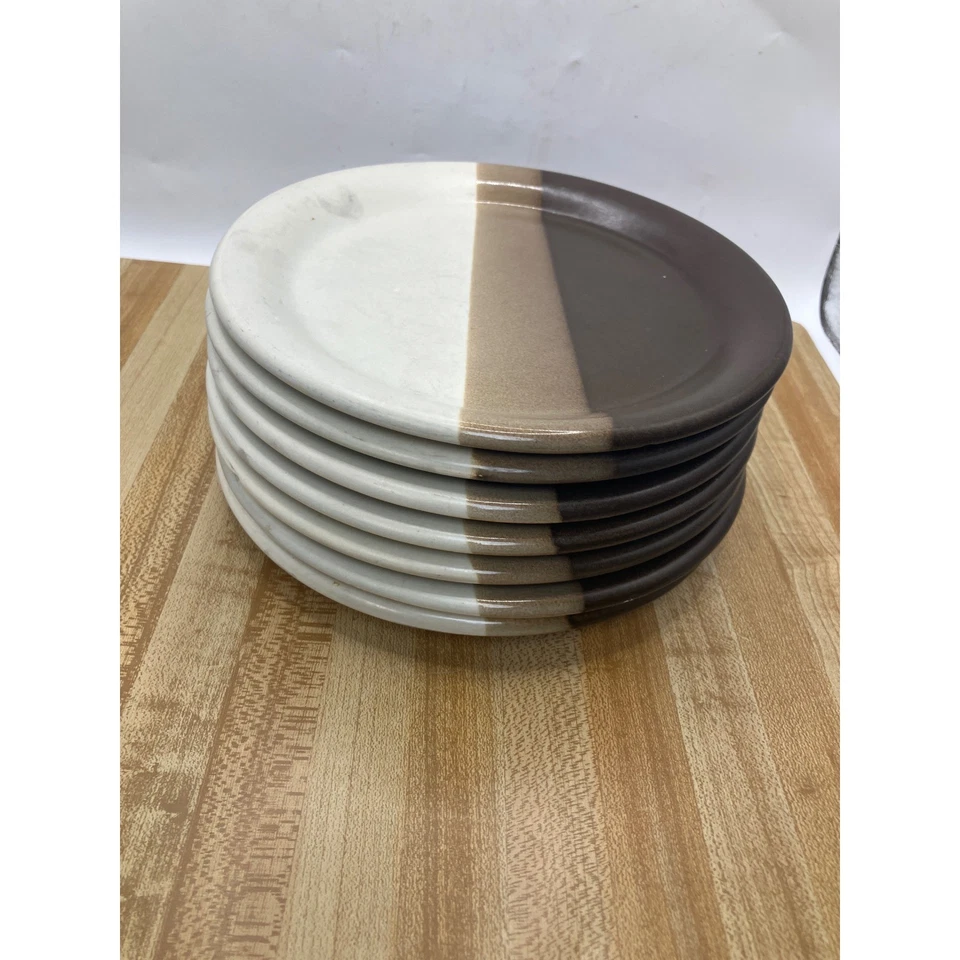 Set of 7 Vintage Two Tone Brown White Ceramic Plates Rustic Farmhouse - Image 1 of 4