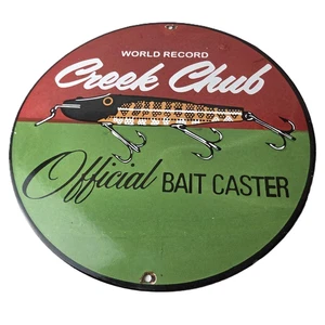 Vintage Creek Chub Bait Caster Sign - Lures Cabin Fishing Porcelain Gas Oil Sign - Picture 1 of 14