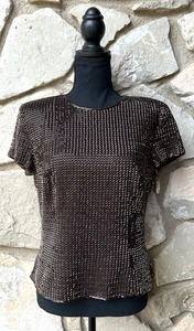 Top vintage Oleg Cassini negro corbata lentejuelas talla pequeña negro bronce semillas cuentas - Imagen 1 de 11