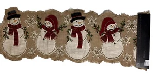 RACHEL ZOE Table Runner Christmas Snowmen Snowflakes Beaded 48” X 16” Burlap - Picture 1 of 8