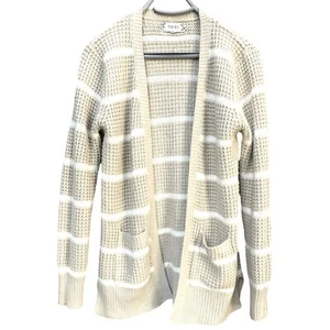Pink Rose Beige & White Striped Knit Cardigan Sweater With Pockets - Size M - Picture 1 of 3