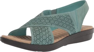 NEW EASY STREET BLUE FAUX LEATHER COMFORT WEDGE SANDALS SIZE 7.5 WW EXTRA WIDE - Picture 1 of 4