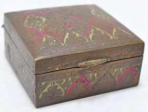 Antique Brass Small Jewellery Box Original Old Hand Crafted Engraved Painted - Picture 1 of 10