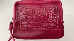 COACH Women’s Leather Pouch Dark Pink with Handle Strap 4.3 x 5.4 x 0.8 inch - Picture 1 of 16