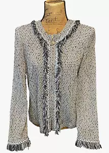 Atemberaubend! St John Größe 10 blau mit schwarzen Fransen Santana Strick Reißverschluss Jacke - $ 1.495 - Bild 1 von 15