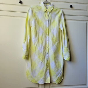Nwt Chico's 0 White Yellow Gingham Maxi Shirt 100% Linen Button Roll Tab Small - Picture 1 of 12