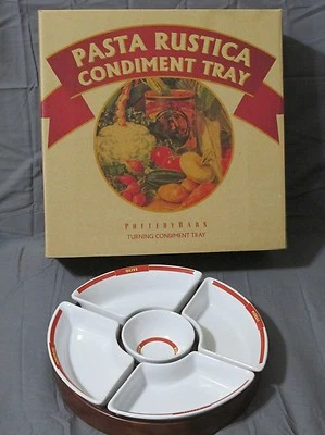 New Pottery Barn Pasta Rustica Condiment Carousel Lazy Susan Wood Porcelain Tray - Image 1 of 4