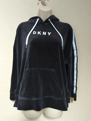 DKNY Sport Athleisure Ladies Sz XS Hoodie Stripe Long Sleeve Black Velour Pocket - Image 1 of 4