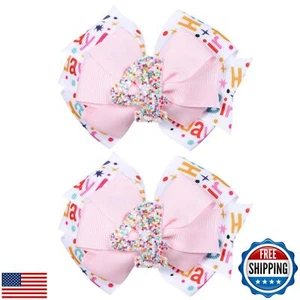3.5-Inch Happy Birthday Hair Bow Clips for Girls,Glitter Pink Sprinkle Bow Ba - Picture 1 of 5