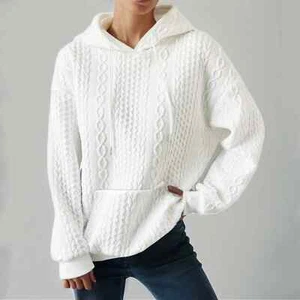 Akiihool Women's White Cable Knit Textured Pullover Hooded Sweatshirt Sz. M - Picture 1 of 17