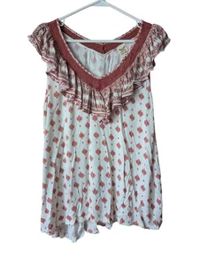 Blusa túnica de verano elástica descolorida gloria cuello de encaje volantes hippie fluida talla L - Imagen 1 de 10