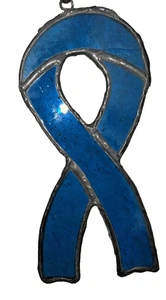 Blue Prostate Cancer Ribbon Stained Glass Hanging Ornament 6” Tall - Picture 1 of 4