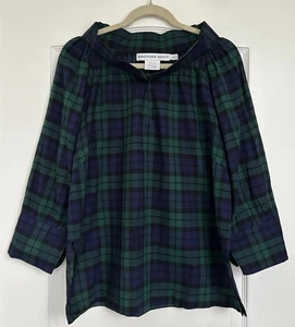 Blusa Gretchen Scott Mujer Talla Grande Azul Verde Cuadros Campesina Manga 3/4 Algodón - Imagen 1 de 12