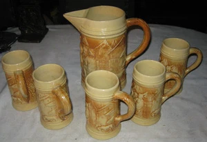 ANTIQUE HULL COUNTRY BAR BEER HOME ART STONEWARE POTTERY PITCHER MUG STEIN SET - Picture 1 of 8