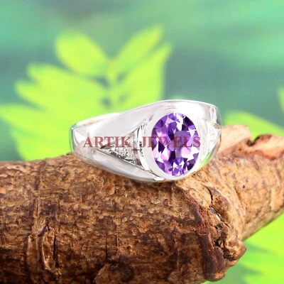 Natural Amethyst Gemstone with 925 Sterling Silver Ring for Men's #5262 - Image 1 of 4