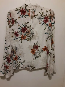 Lily White Women Ivory Beige Orange Long Sleeve Floral Blouse Sz M Polyester - Picture 1 of 9
