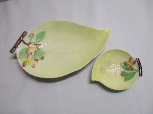 2 PCS VINTAGE CARLTON WARE YELLOW APPLE BLOSSOM LEAF SHAPE PLATES - Picture 1 of 2