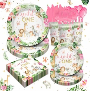 Wild One Birthday Party Supplies for Girls Tableware Set - Safari Birthday De... - Picture 1 of 7
