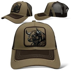 Bull Embroidered Trucker Hat | Mesh Snapback Cap with Bull Patch - Picture 1 of 21