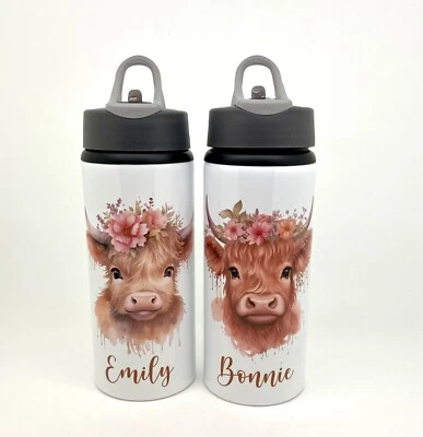 Highland Cow Personalised Flip Top Straw Water Sports Bottle School Kids 600ml - Image 1 of 4