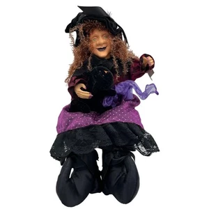 Vintage Witch Shelf Sitter Doll w/ Black Cat Ceramic Face Hands Spooky Hollow - Picture 1 of 11