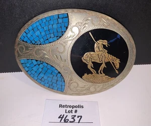 Johnson & Held Silver Belt Buckle End Of Trail Turquoise Chip Inlay Vintage - Picture 1 of 11
