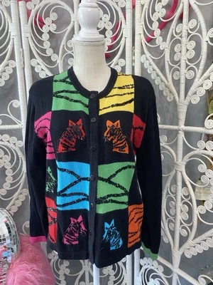VTG TERAZZO ZEBRA SEQUIN SWEATER MULTICOLORED LARGE LONG SLEEVE CARDIGAN - Image 1 of 4