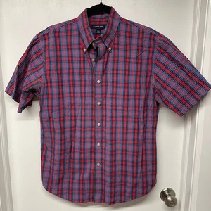 Lands End Mens Red Blue Plaid Short Sleeve Button Up Shirt Size Medium 15-15 1/2 - Picture 1 of 5