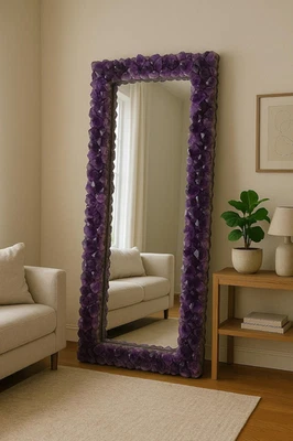 Amethyst Crystal Stone Wall Mirror, Full Length Mirror | Crystal Mirror Decor - Image 1 of 4