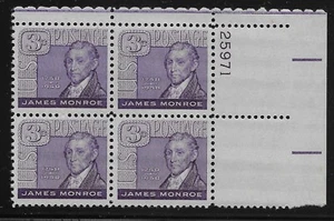 US Scott #1105, Plate Block #25971 1958 Monroe 3c FVF MNH Upper Right - Picture 1 of 1