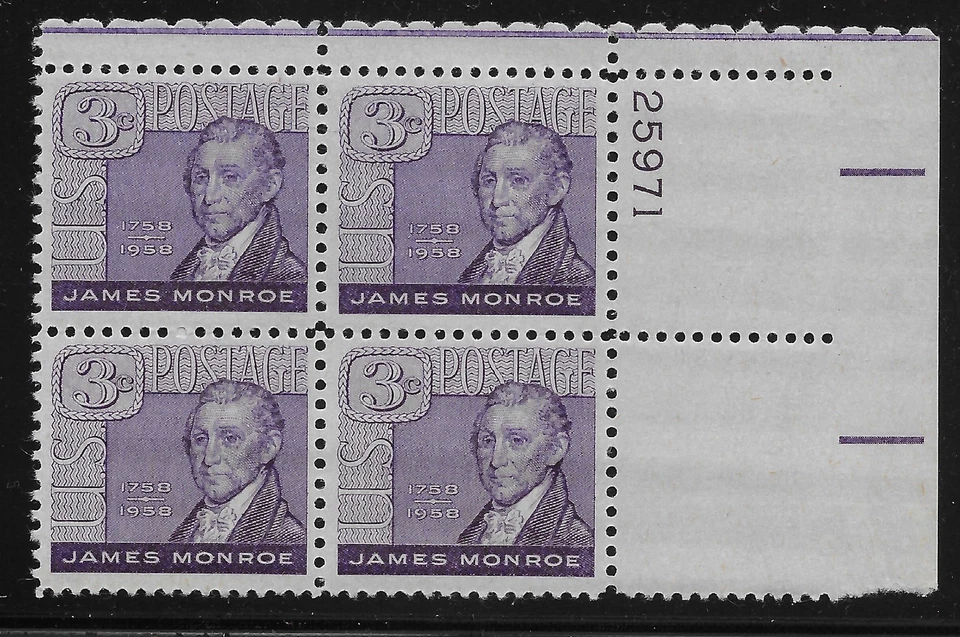 US Scott #1105, Plate Block #25971 1958 Monroe 3c FVF MNH Upper Right - Image 1 of 1