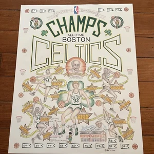 Cartel vintage raro 1986 de los Boston Celtics Greats pájaro, primo, Russell 16 X 20 - Imagen 1 de 2