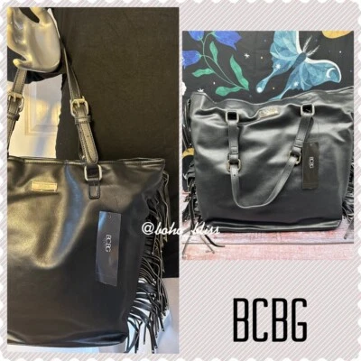 Bolsa tote BCBG grande preta com franja nova com etiquetas - Imagem 1 de 4