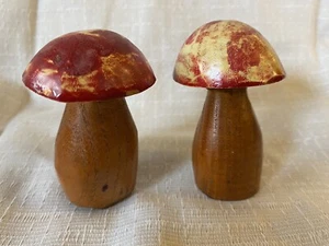 2 MCM Hand Carved Painted Wooden Mushroom Folk Art Sculpture Fairy Décor - Picture 1 of 8