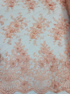Peach 3D Flower Lace Coral Floral Fabric Sold By The Yard Bridal Prom Lace