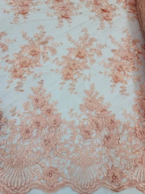 Peach 3D Flower Lace Coral Floral Fabric Sold By The Yard Bridal Prom Lace - Image 1 of 4
