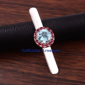 Natural Blue topaz & Ruby Gemstones 925 Sterling Silver Tie Clip for Men's #321 - Picture 1 of 7