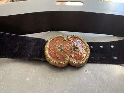 ¿Hebilla esmaltada tono bronce cuero gamuza negro vintage años 80 sin marca? "Cinturón 34""" Foto 1 de 4