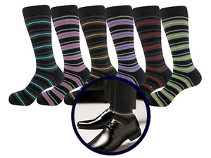 6 PK Men's Dress Socks Striped Multicolor Cotton Crew Socks TRUE TO SIZE 10-13 - Picture 1 of 9