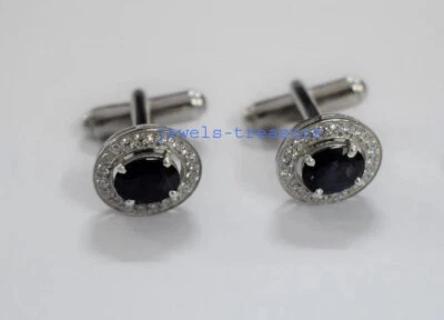 Abotoaduras masculinas de prata esterlina 925 safira azul natural e pedras preciosas CZ - Imagem 1 de 3