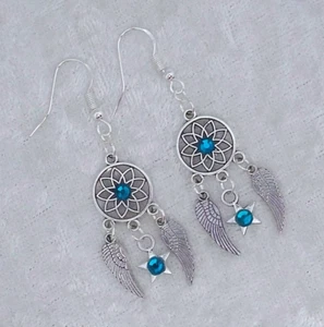 Turquoise 3D Diamante Dreamcatcher, Double Sided, 925 Silver Hook Earrings - Picture 1 of 4