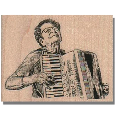 Sello de goma de madera, divertido acordeón para dama tocando, música cabeza de mujer vieja cara manos Foto 1 de 2