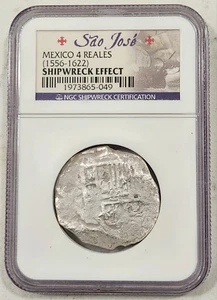 Mexiko 4 Reales Silbermünze "Sao Jose" NGC Schiffbruch Effekt (1556-1622) 4R - Bild 1 von 2