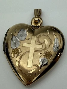 Vintage 10k Gold Heart Locket Engraved Tri Tone Cross Floral Etched pendant - Picture 1 of 10