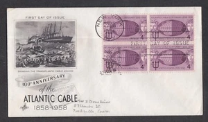 USA 1958 FIRST DAY COVER 100th ANNIV OF THE ATLANTIC CABLE IN BLOCK OF 4 CACHET - Picture 1 of 1