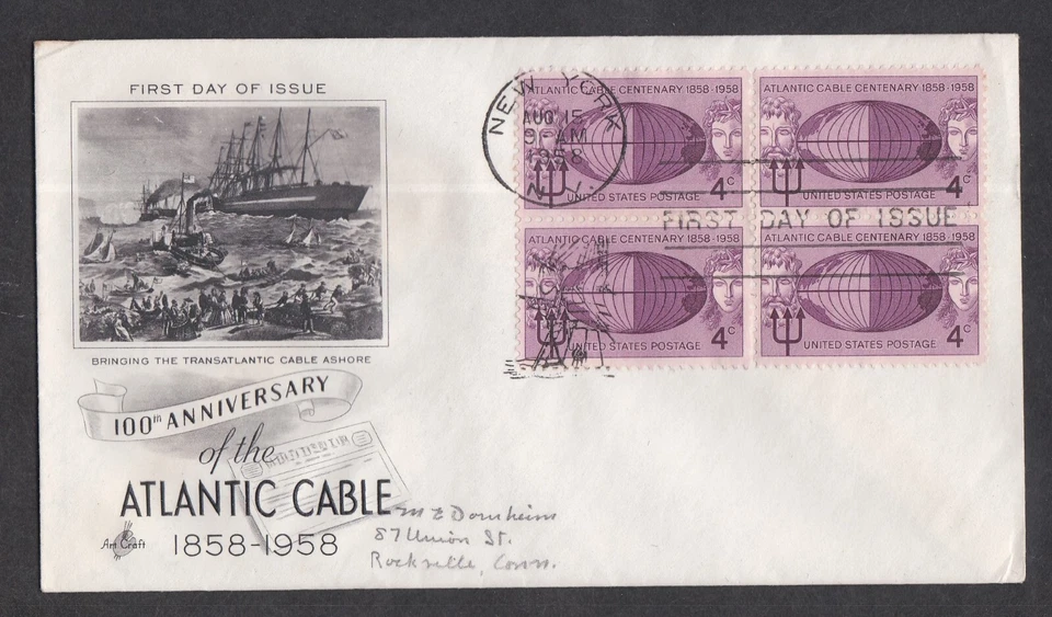 USA 1958 FIRST DAY COVER 100th ANNIV OF THE ATLANTIC CABLE IN BLOCK OF 4 CACHET - Image 1 of 1