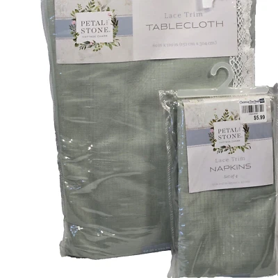 Lace Trim Tablecloth and Napkins Petal Stone 60x120" Oblong Green w/ White Lace - Image 1 of 4